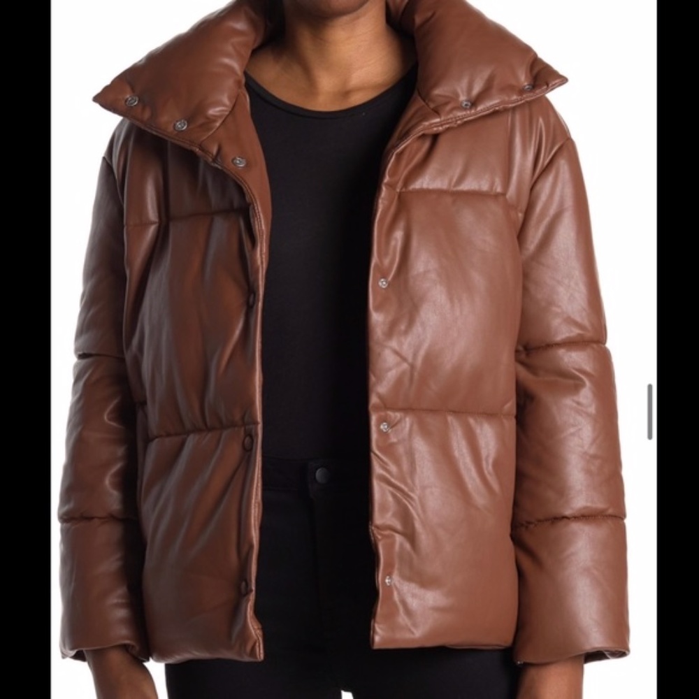 Anthropologie Avec Les Filles Faux-Leather Puffer Coat Womens M Saddle Brown